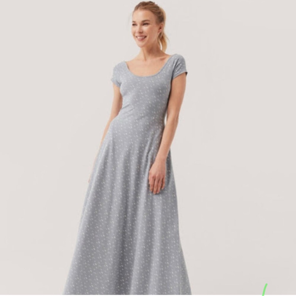 Pact Organic, fit and flare Maxi Dress, Organic Cotton, Pockets, blue, dove gray